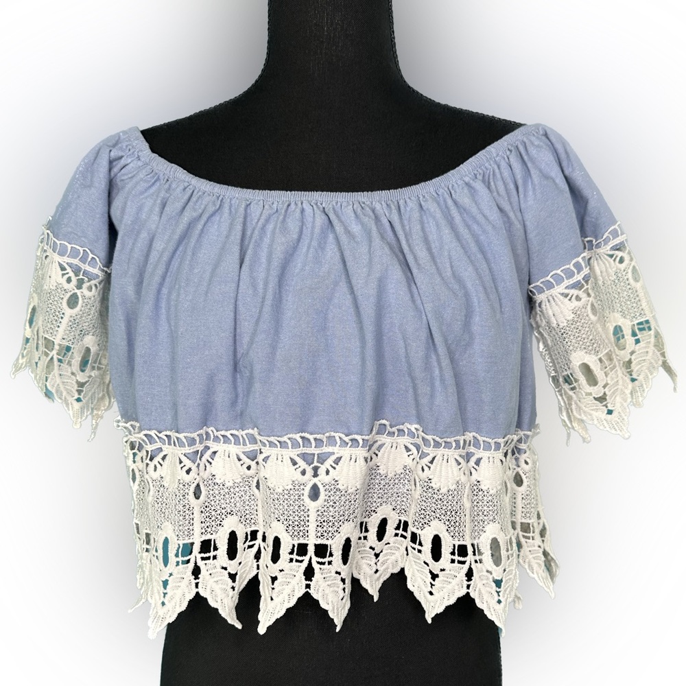 Iris Women's blue crop top lace trim off the shoulder Sz L